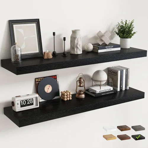 Vista 45 de Juego de 2 estantes flotantes de 16 pulgadas para pared, estantes de baño de grano de madera de 12 pulgadas de profundidad con soportes invisibles