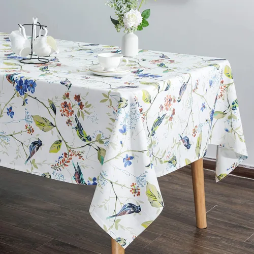 Vista 4 de VOGOL Mantel rectangular de lino lavable, resistente a las manchas y a las arrugas, estampado floral y de pájaros, mesa decorativa para mesa