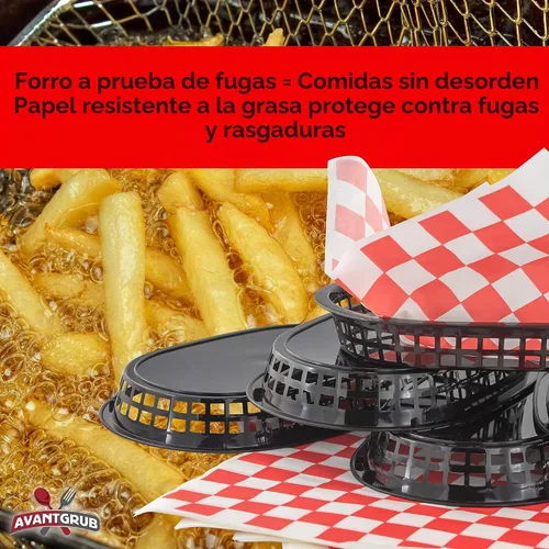 Vista 4 de Combo de cesta de comida rápida negra de estilo retro (paquete de 6) y forro de delicatessen a cuadros rojos (60 unidades). Las cestas clásicas