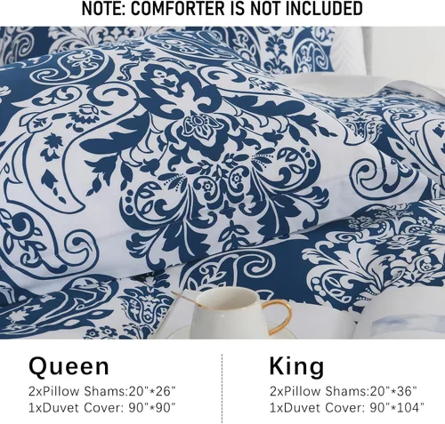 Vista 6 de PERHOM Funda de edredón azul Queen – Funda de edredón de damasco de cachemira tamaño Queen, juego de funda de edredón de 3 piezas, 100% algodón