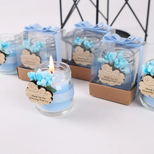 Vista 9 de HTF - Paquete de 5 velas en tarro de cristal, hechas a mano, recuerdos de fiesta de baby shower para niños, velas de vidrio para decoración de baby