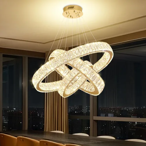 Vista 30 de Araña de Cristal LED Moderna Regulable de 8" Anillo Dorado Luminarias Colgantes para Isla de Cocina Comedor Sala de Estar