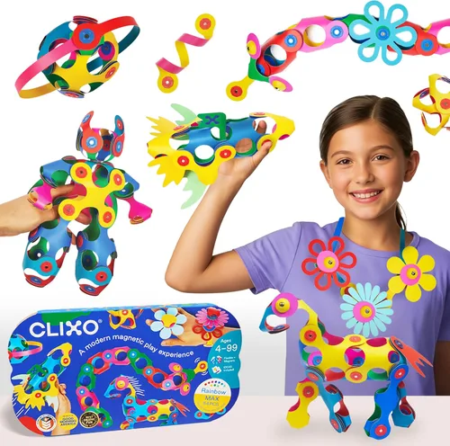 Vista 11 de Clixo Rainbow Pack, juguetes de construcción magnéticos flexibles para niños (42 unidades, 4+) Flexible Imagination STEM magnet toys for travel.