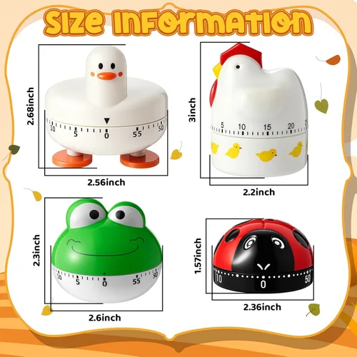 Vista 2 de Amylove Temporizador de cocina lindo de 4 piezas, manual mecánico de animales, pollito, rana, pato, mariquita, alarma de 60 minutos, temporizador