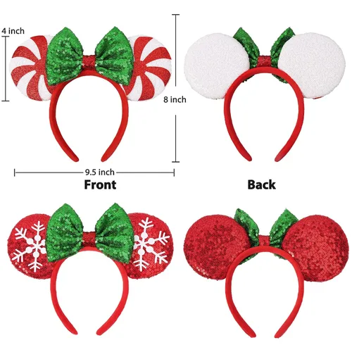 Vista 2 de Diadema de orejas de ratón de Navidad, 2 piezas de orejas de Navidad para mujeres y niños, diadema con lazo de lentejuelas para fiestas de Navidad
