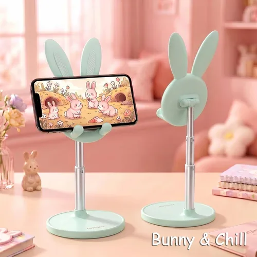 Vista 3 de OATSBASF - Soporte lindo para teléfono celular, soporte ajustable para teléfono con forma de conejo para escritorio, soporte con carcasa gruesa