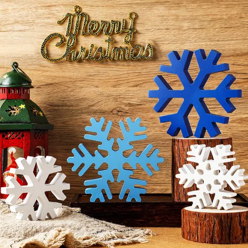 Vista 8 de Blulu 4 piezas de copos de nieve de madera de invierno, decoraciones de mesa, letreros de copos de nieve de Navidad, letrero de mesa de pie