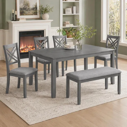 Vista 27 de Juego de mesa de comedor de 6 piezas con banco y 4 sillas Negro Beige-1