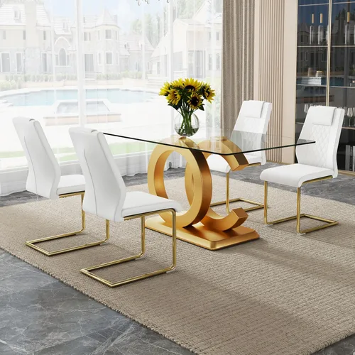 Vista 10 de Ebullient - Juego de mesa de comedor de vidrio para 4, juego de mesa y sillas de 5 piezas, mesa de comedor rectangular moderna con tapa de vidrio
