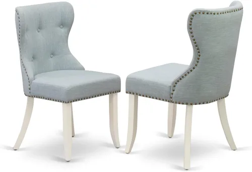 Vista 8 de East West Furniture SIP1T21 Sion Parson - Juego de 2 sillas tapizadas de tela de lino azul con ribete de clavos y botones copetudos, color negro