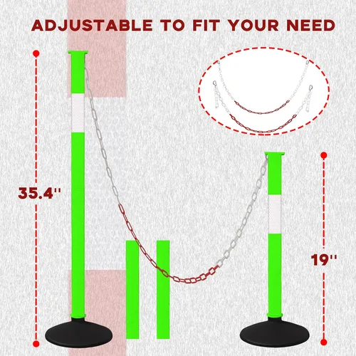 Vista 6 de Paquete de 4 conos de delineador de tráfico con base pesada y collares reflectantes, barrera de seguridad verde ajustable con cadenas de plástico