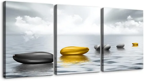 Vista 9 de Wewejia 3 piezas de lienzo gris para pared, calma/relajación, piedras zen doradas, cielo, pájaros, lago, niebla, luna llena, póster, arte de pared