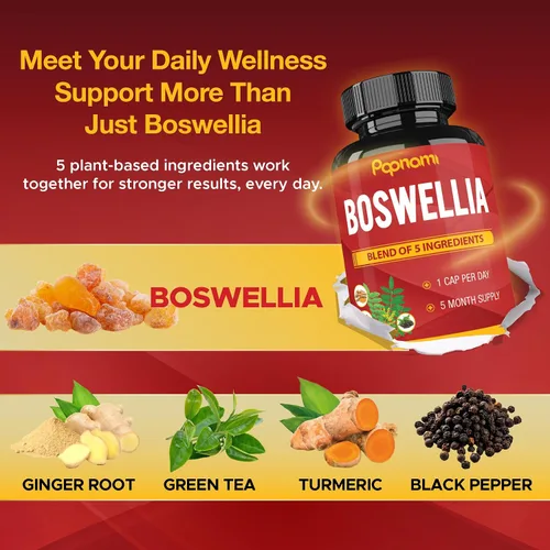 Vista 4 de Boswellia Serrata - Cápsulas de extracto con cúrcuma, jengibre, pimienta, té verde 5 meses de suministro 150 cápsulas