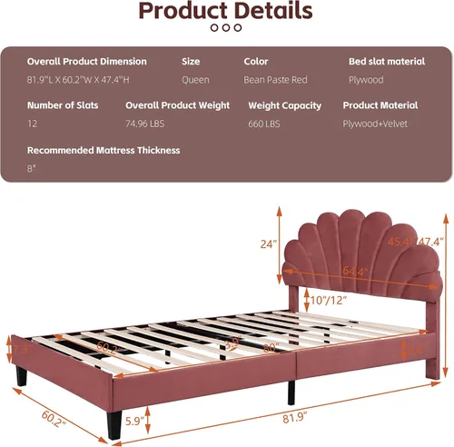 Vista 2 de DEINPPA Base de cama tapizada tamaño Queen con cabecera ajustable de flores elegantes, cama de plataforma de terciopelo con soporte de listones