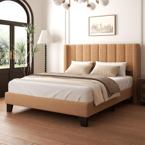 Vista 14 de Base de cama tamaño matrimonial con cabecero, marco de cama plataforma tapizado con cabecero de terciopelo tipo osito de peluche, soporte