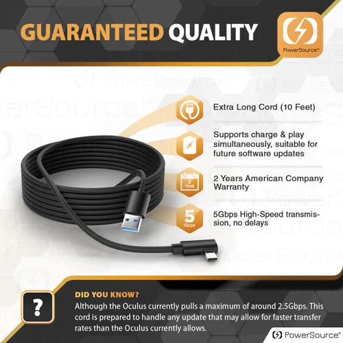 Vista 4 de PowerSource Cable Oculus Quest 1 y 2 Link de 10 pies de largo para transferencia y carga de datos de alta velocidad, USB 3.2 Gen 1 para portátiles