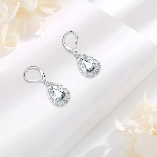 Vista 319 de Aretes colgantes de plata de ley con diseño de árbol de la vida, flor, abeja, animales, gato, colibrí, piedra lunar, turquesa, aretes con cierre