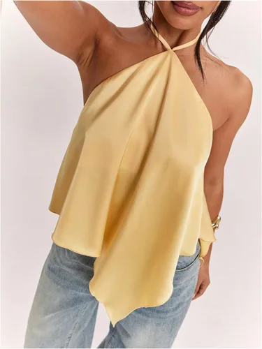 Vista 5 de Verdusa Top halter asimétrico de satén para mujer Amarillo claro