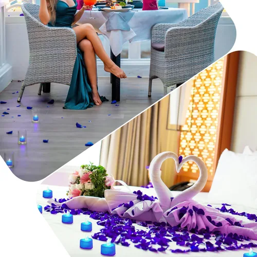 Vista 4 de KOABY 1000 piezas pétalos de rosa artificiales azules con kit de 12 luces LED azules de té, para decoración