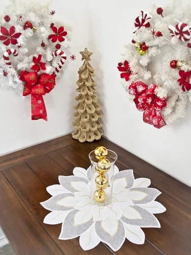 Vista 3 de Tapete de mesa bordado de Navidad blanco y dorado con estrella de Pascua (23 pulgadas, redondo)