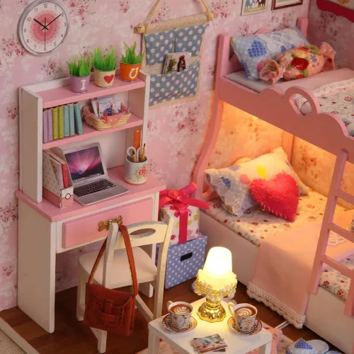 Vista 5 de Ogrmar Casa de madera para muñecas en miniaturas, "hazlo tú mismo", kit de casa con cubierta y luz led - Edad de los cálices
