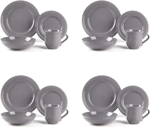 Vista 3 de HomeVss, Vajilla de cerámica Pearl Dots (juego de 16 piezas, gris) juegos de platos y cuencos, juegos de vajilla para 4, vajilla de puntos