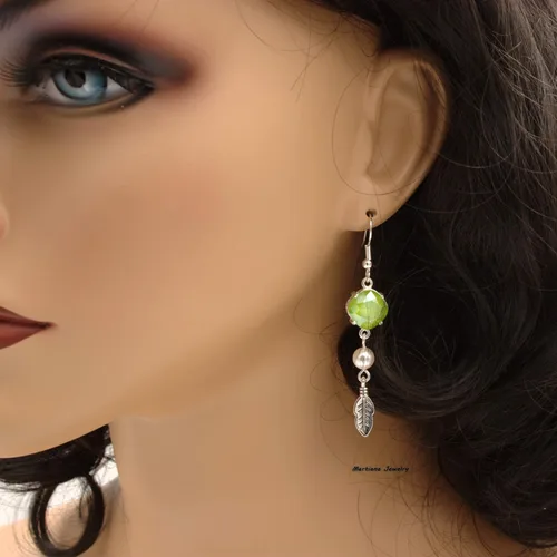 Vista 2 de Lime Green Cushion Crystal Feather Dangle Earring - Charm, Silver Tone 1.75-in