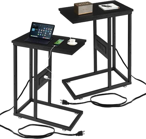 Vista 16 de VECELO Mesa auxiliar en forma de C con estación de carga y 2 puertos USB y salidas para sala de estar, dormitorio, con patas ajustables para sofá