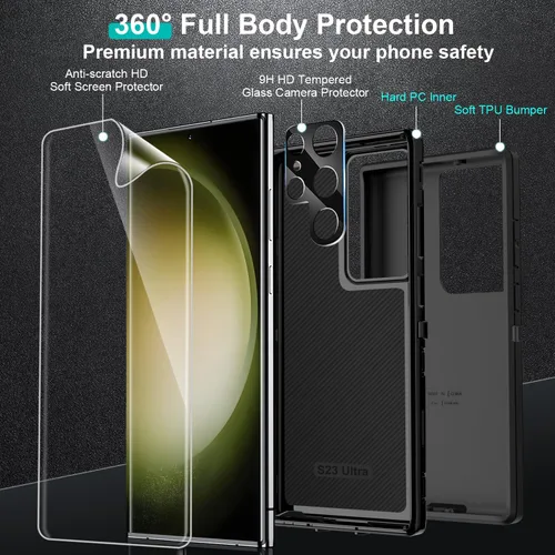 Vista 2 de Funda para Samsung Galaxy S23 Ultra: [grado militar a prueba de golpes] con 2 piezas [protector de cámara + protector de pantalla suave] Funda