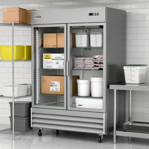 Vista 5 de KoolMore Congelador vertical comercial de acero inoxidable con puertas de vidrio de cierre automático, 6 estantes de almacenamiento, ruedas