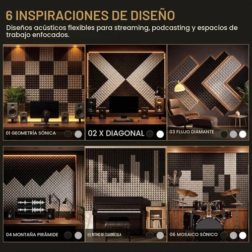 Vista 4 de Focusound Paneles acústicos, paquete de 50 unidades de 2 x 12 x 12 pulgadas con 300 adhesivos de doble cara, espuma piramidal a prueba de sonido