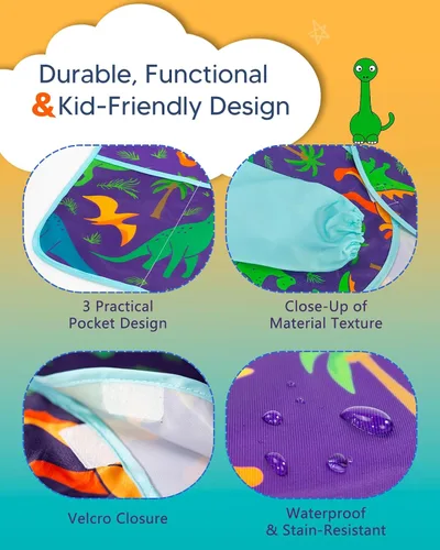 Vista 4 de Oiomniv Delantal de Arte para Niños – Delantal de Pintura de Manga Larga Impermeable con 3 Bolsillos, Delantal Lavable para Niños Pequeños y Niños
