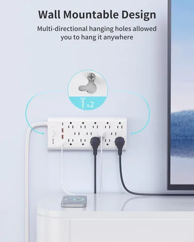 Vista 6 de Regleta de alimentación con protector de sobretensión, extensor de toma y 14 enchufes y 4 puertos USB (2 USB C), cable de extensión de 10 pies