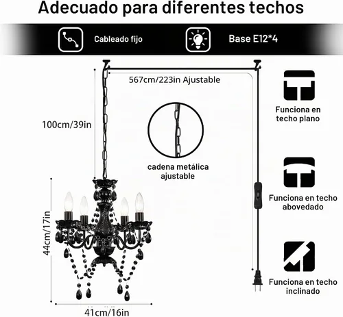 Vista 2 de Alighting Candelabro pequeño negro con 4 luces para enchufar, candelabros de cristal para comedor