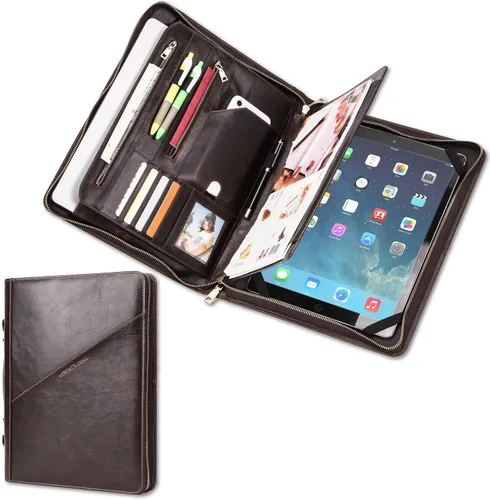 Vista 17 de Top Grain Leather - Padfolio de 8.3 pulgadas para hombres y mujeres, diseño vintage hecho a mano, organizador multifuncional de cartera de negocios