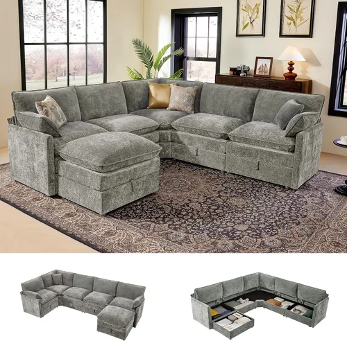 Vista 30 de Ihanherry Sofá modular de 103 pulgadas con almacenamiento, sofá de nube en forma de U con otomanas móviles y 4 almohadas, sofás seccionales