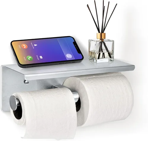 Vista 9 de Alpine - Soporte de papel higiénico doble con estante - Soporte de papel higiénico de acero inoxidable cepillado de doble rollo resistente a