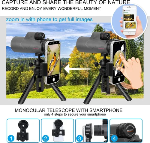Vista 4 de Telescopio monocular de 15 x 56 para observación de aves, senderismo, camping, visión de vida silvestre, ocular ajustable, lentes totalmente