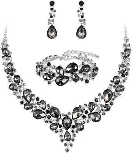 Vista 37 de BriLove - Juego de joyas de boda con cristales austriacos, collar, aretes y pulsera para mujer 01-Tono plateado transparente