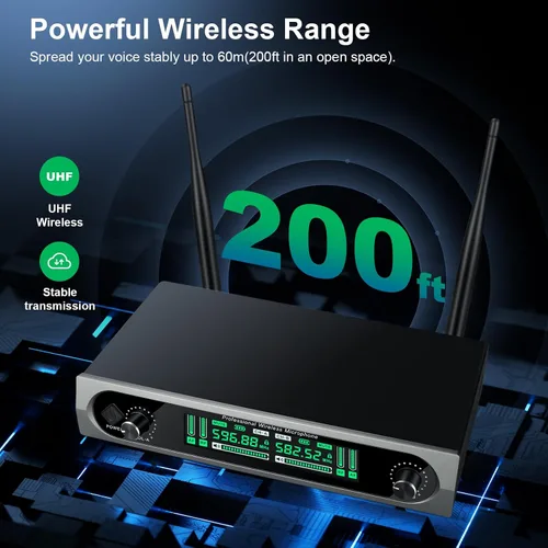 Vista 2 de GDPONRM Sistema de micrófono UHF inalámbrico, con 2 dispositivos de mano, escaneo automático, frecuencias UHF de 2 x 50, rango de 200 pies