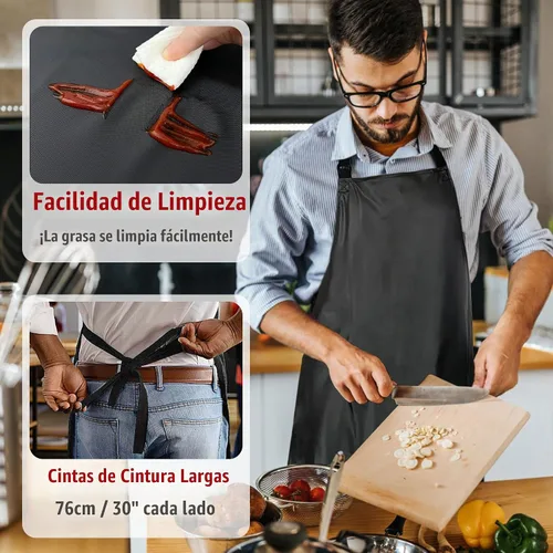 Vista 5 de kilofly Delantal impermeable de vinilo extra largo de 43 pulgadas con lazos ajustables para el cuello, 2 unidades, Negro