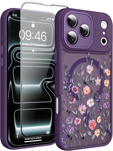 Vista 116 de Magnético para iPhone 13 con protector de pantalla [Compatible con MagSafe] Diseño de patrón floral de flores bonitas, funda delgada a prueba