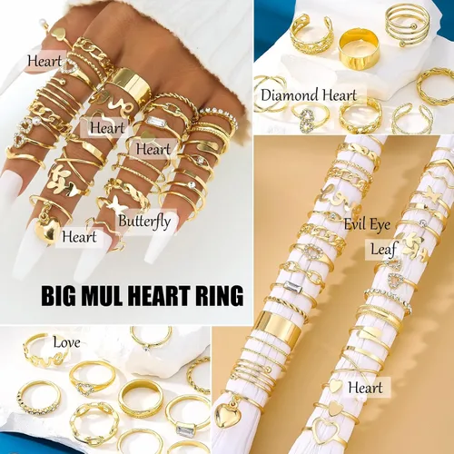 Vista 2 de 17IF Juego de anillos dorados vintage para mujer, diseño bohemio de cristal estético, perla, mariposa, grueso, apilable, paquete de anillos midi