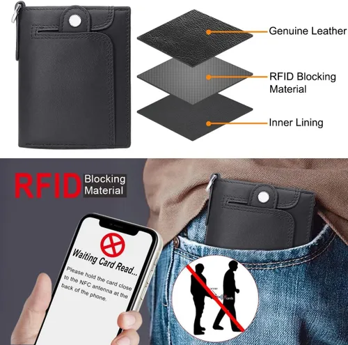 Vista 4 de gzcz Billeteras para hombre con cadena de cuero genuino plegable para hombre Rfid bloqueo monedero con tarjeta de crédito, Negro -, Moderno
