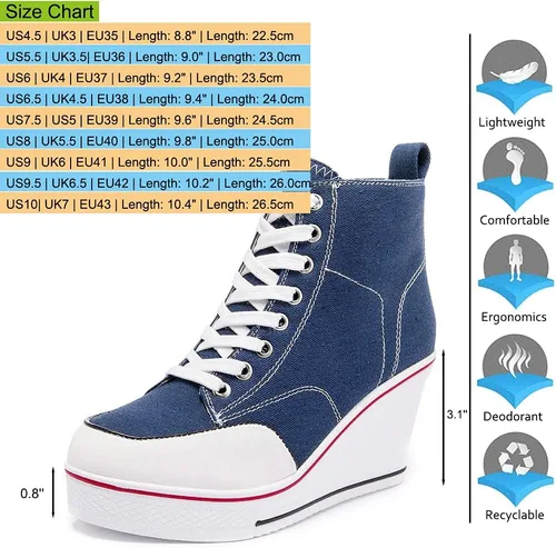Vista 2 de Mei MACLEOD Tenis de tacón alto para mujer, zapatos de tacón de cuña con cremallera lateral, zapatos de lona casuales con cordones para estudiantes