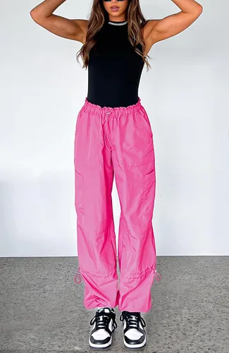 Vista 3 de Waitfairy Pantalones de paracaídas para mujer, pantalones cargo holgados con bolsillos