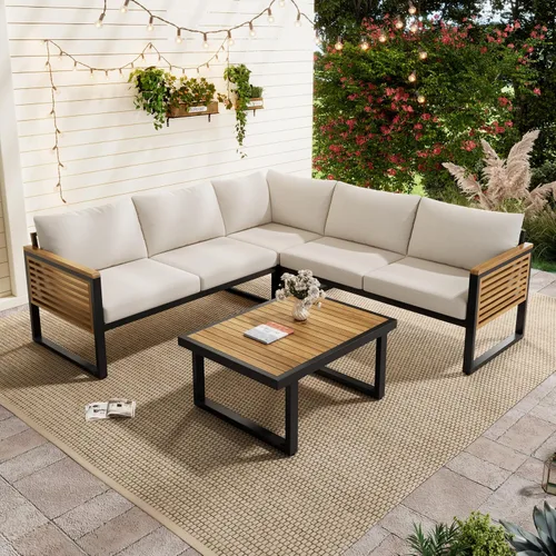 Vista 10 de KLMM Sofá modular de madera de acacia en forma de L para patio con cojines extraíbles y mesa auxiliar, juego de conversación al aire libre con mesa