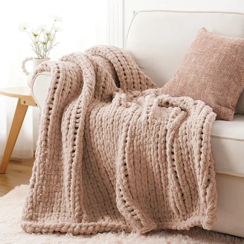 Vista 10 de Battilo - Manta de punto grueso de cachemira beige y crema, manta suave y gruesa de chenilla, manta de crochet de punto trenzado hecha a mano