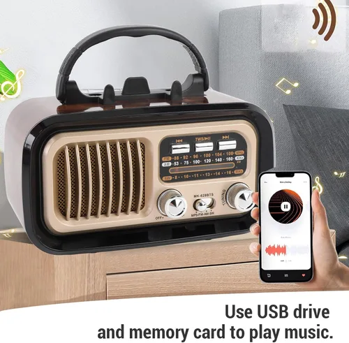 Vista 2 de Radio retro AM FM SW Bluetooth, radios de transistor vintage portátiles con altavoz y antena retráctil, TWS, solar/funciona con batería/recargable