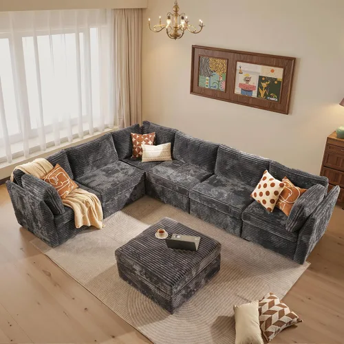 Vista 29 de Sofá seccional modular, conjunto de sofá en forma de L de 98" para sala de estar, 4 asientos cómodos tipo nube con sillas giratorias, combinación
